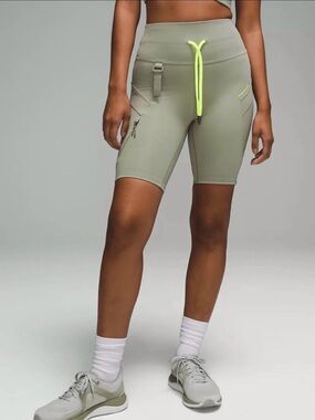 lulu Olive Green Cargo Hiking Bike Shorts 8” with Neon Yellow Drawstring